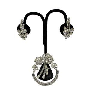 Vintage Authentic PHYLLIS STERLING Rhinestone Floral Brooch Earrings Set